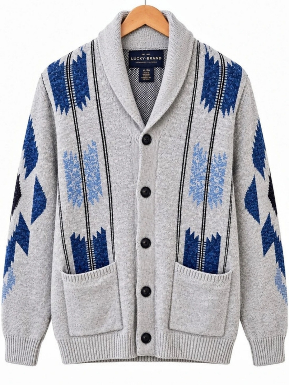 Lucky Brand Men's Shawl Collar Cardigan Sweater Gray & Blue XL